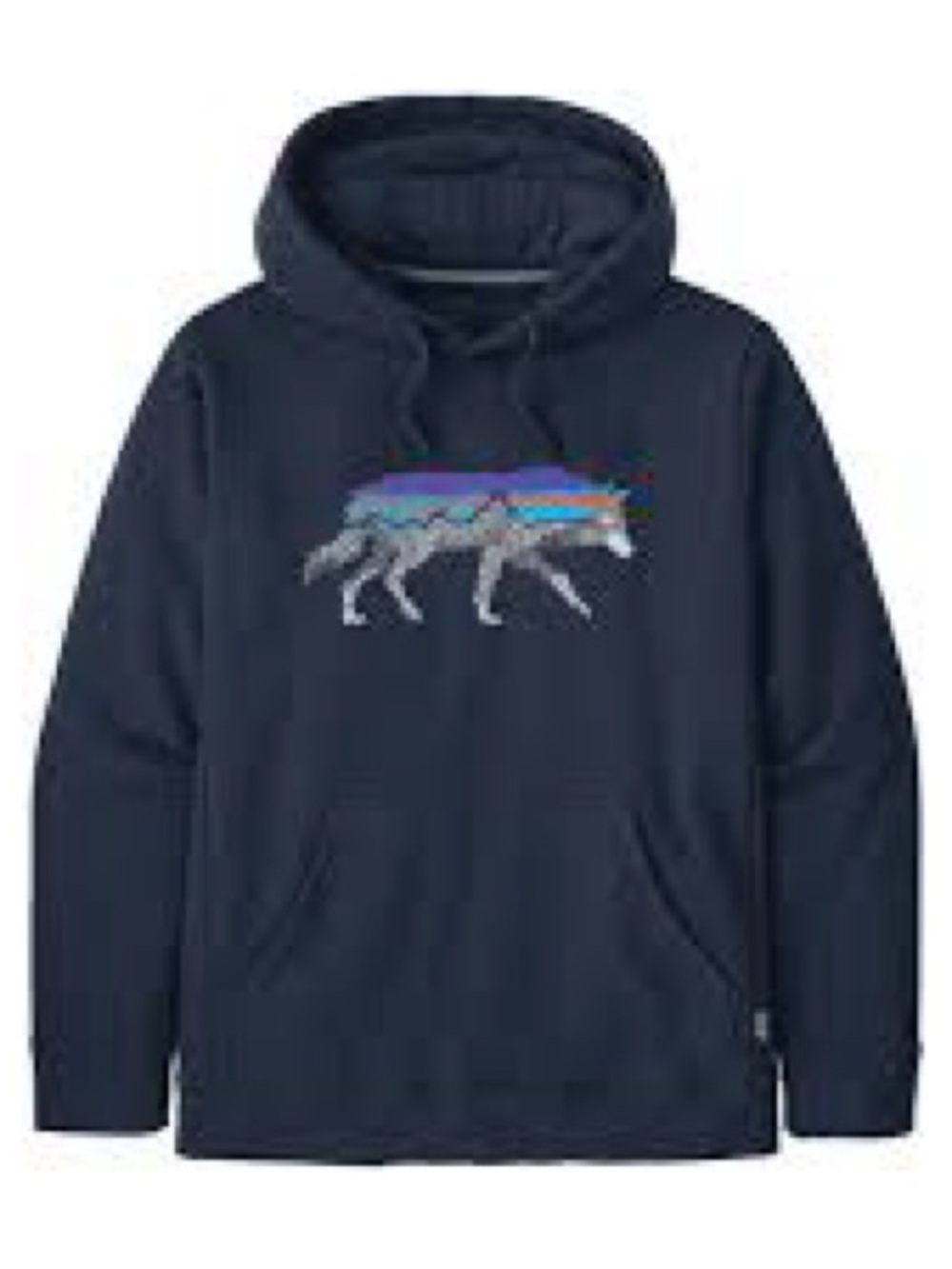 Patagonia Navy Hoodie with Color-Strip Wolf Graphic